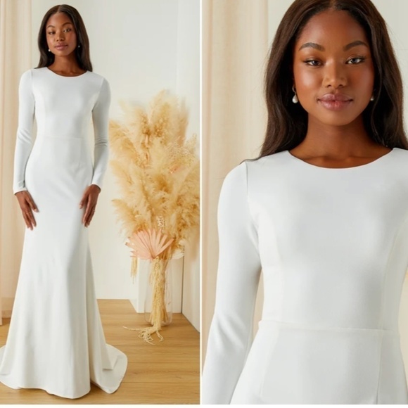 LULU's Bridal Wedding Chic Conservative Minimalist Mermaid Trumpet Maxi Gown - Picture 3 of 4